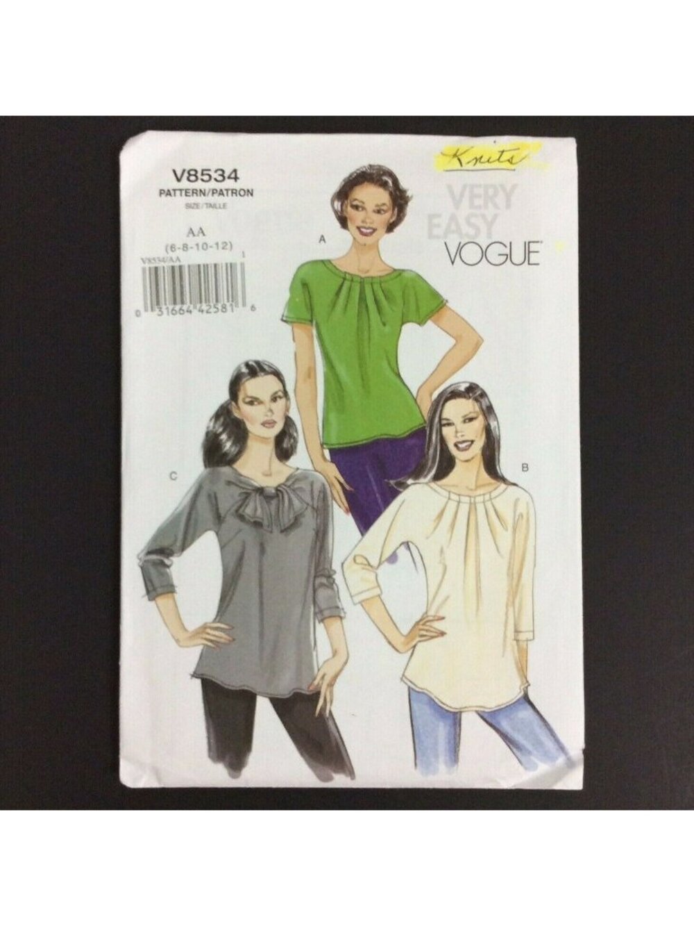 Vogue V8534 Sewing Pattern Womens Knit Tops Sizes 6-8-10-12 Very Easy